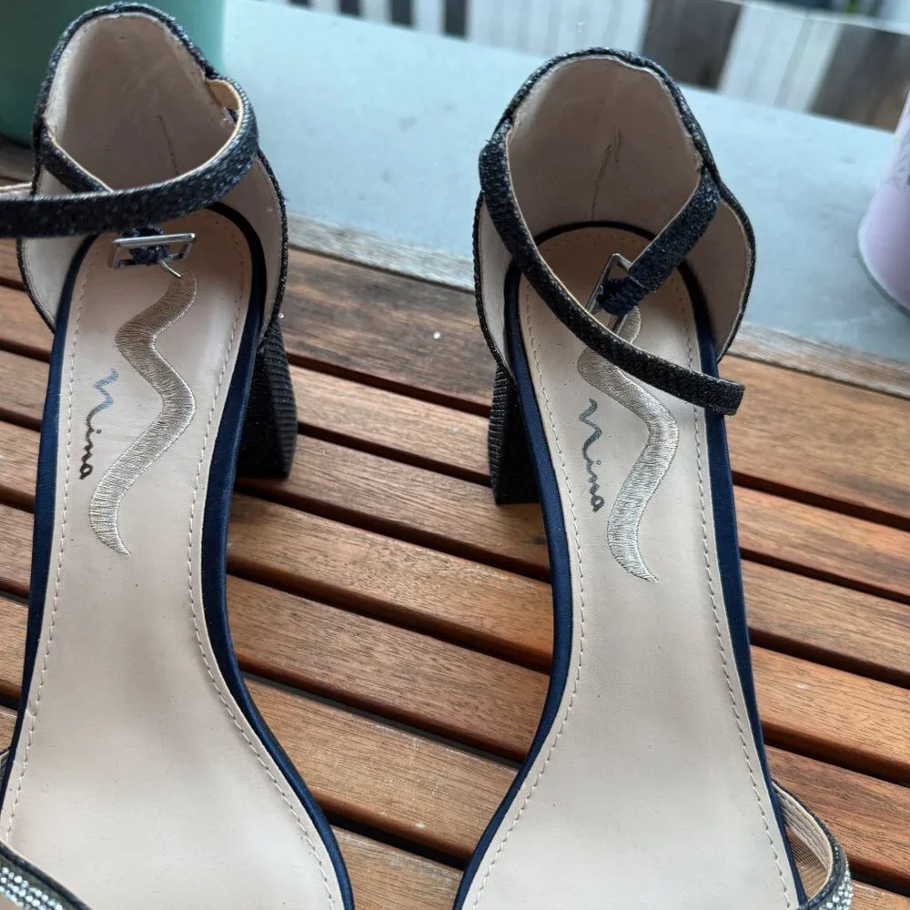 Nina Womens Navy Rhinestone Block Heel Sandals Size 9.5M - Picture 3 of 6